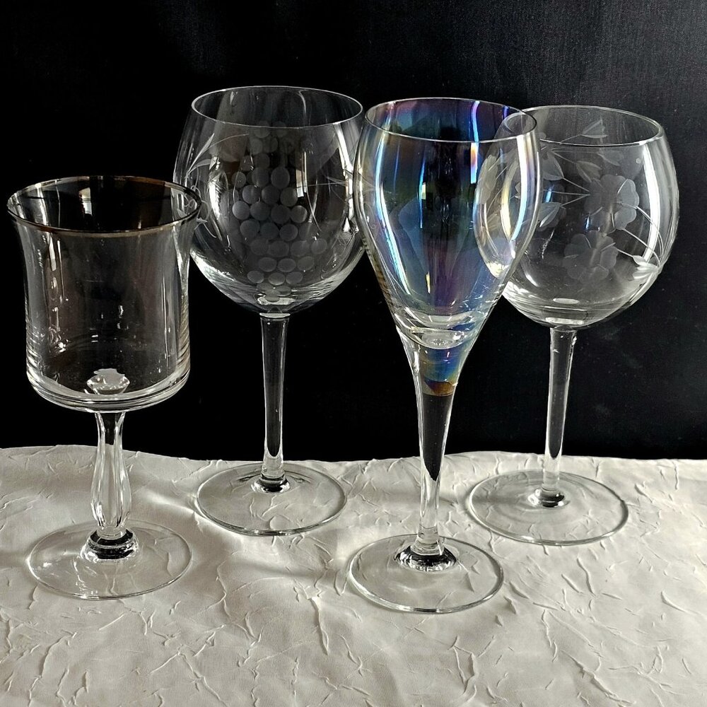 4 Mismatched Cordials Cocktail Glasses vtg mixed etched cut glassware party
